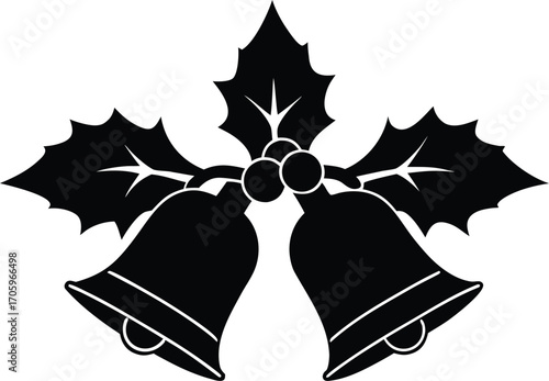 christmas bells with holly silhouette vector illustration