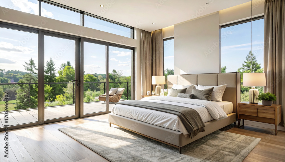 Fototapeta premium Contemporary Bedroom with a Balcony View