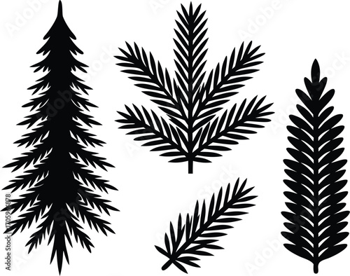Christmas spruce branch silhouette vector illustration set