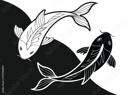 Koi Fish Silhouette Black and White Vector Illustration