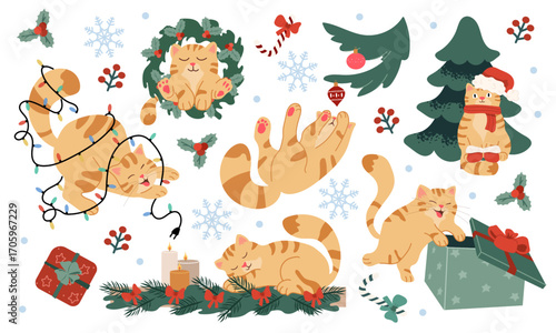 Christmas collection of playful cats with various festive things and elements for holiday decor such as wreath, Christmas tree, gifts, Christmas toys