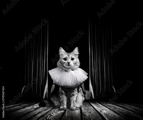 cat in Shakespearian costume on stage