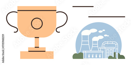 Golden cup symbolizing success and recognition next to a factory with chimneys releasing smoke. Ideal for industry goals, sustainability, manufacturing, competition, innovation, success, progress