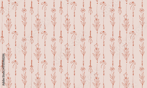 Elegant seamless pattern featuring bows and small flowers arranged vertically on a soft background.