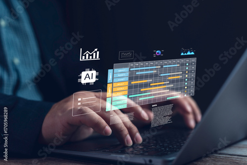 Tableau sur toile Businessman working on a laptop and using artificial intelligence to manage proj