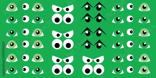 A vibrant green background filled with a repeating pattern of various cartoon eyes in different styles and expressions