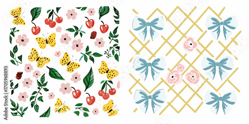 Charming spring collection featuring yellow butterflies pink flowers red cherries and blue bows on a lattice pattern