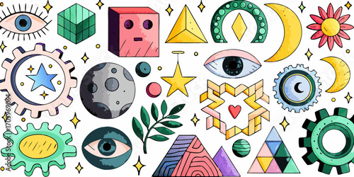 Whimsical celestial and geometric shapes with mystic eyes and botanical elements on white background