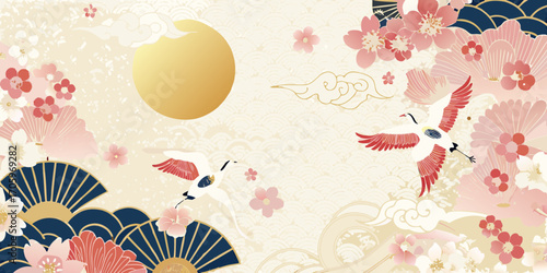 Elegant japanese inspired illustration featuring cranes cherry blossoms and traditional fan motifs under a golden moon
