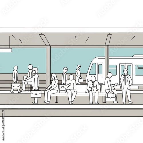 People waiting for a train at a station platform.