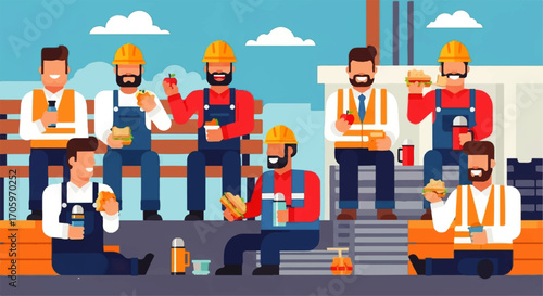 Construction workers on break, eating lunch at a construction site, cartoon style.