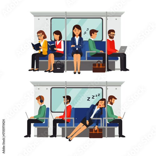 People commuting on a train, some are sleeping, reading, or working on laptops.