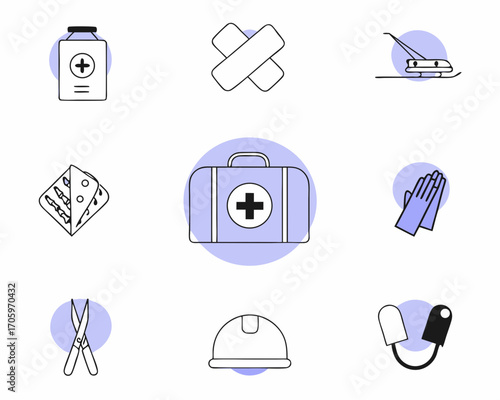 First aid kit and medical supplies icons