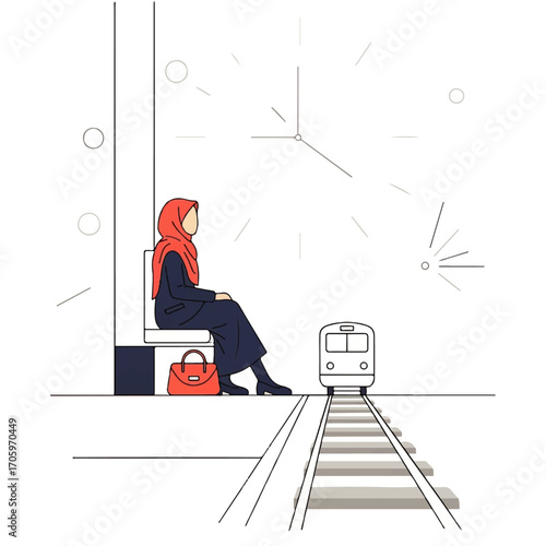 Woman in hijab waiting for train at station platform.
