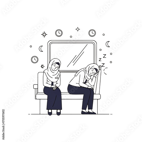 Two women wearing hijabs sitting on a bench, one sleeping.
