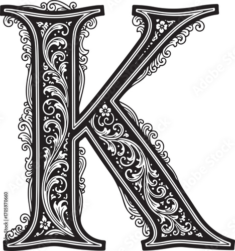 Ornate decorative letter k in black and white vintage style