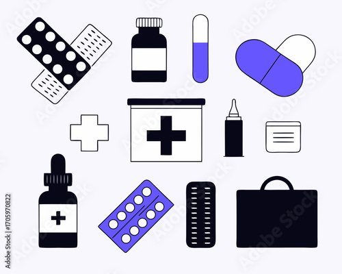 Collection of medical supplies and pharmacy icons