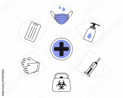 Medical protection and health care icons arranged in a circle