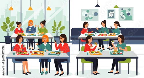 People eating lunch in a cafeteria with tables and chairs.