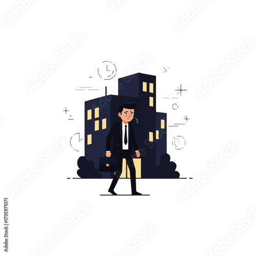 Cartoon businessman walking in the city at night with briefcase.