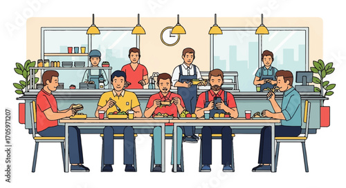 Illustration of people eating at a restaurant with staff serving food.
