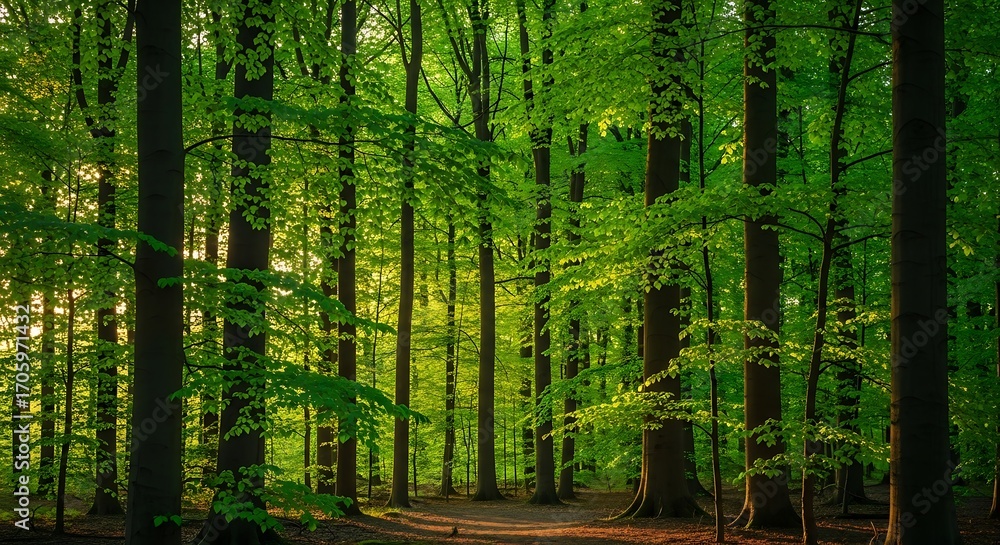 Naklejka premium Sunlit Path Through Lush Green Forest.