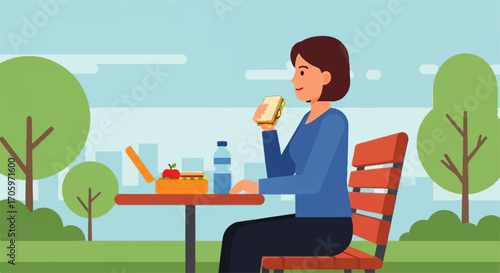 Woman eating lunch at a park table with a sandwich and water.