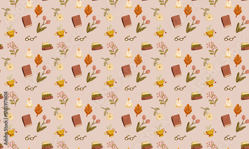 Light seamless autumn pattern with books, mugs, and cozy September elements in soft tones.