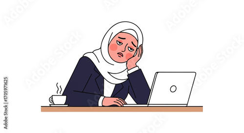 Tired woman in hijab working on laptop with a cup of coffee.