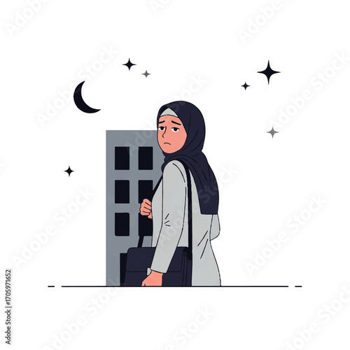 Illustration of a woman in hijab standing in front of a building at night.