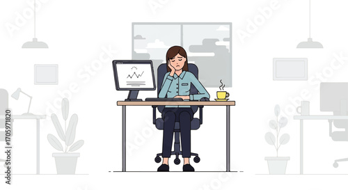 Bored woman sitting at desk in office with computer and drink.