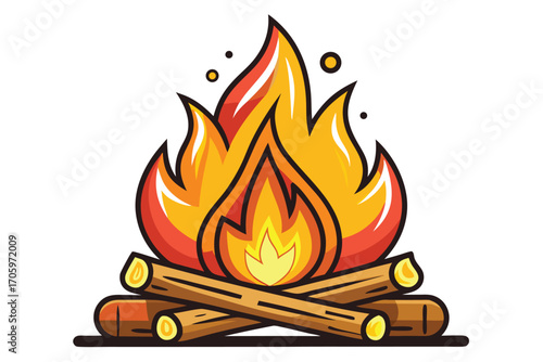 Stylized Campfire Illustration Warm Tones and Logs Cartoon Campfire Icon Bright Flames Simple Wood Illustration Outdoor Adventure Symbol