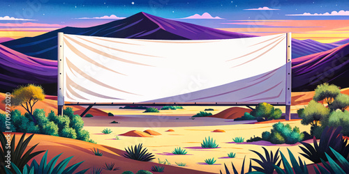 Large white banner standing in desert landscape with sand dunes, clear sky horizon, empty advertising mockup surface, outdoor rustic background, scenic wilderness design, creative placement object