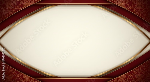 Elegant red and gold background with a luxurious damask pattern and curved lines creating a central frame for text