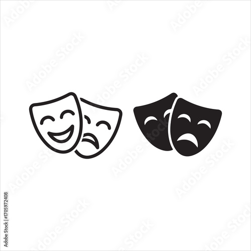 Comedy and tragedy theater masks icon set outline and filled