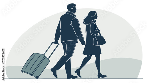 Silhouette of a couple traveling with a suitcase and a bag walking together in a minimalist design style created with generated ai 