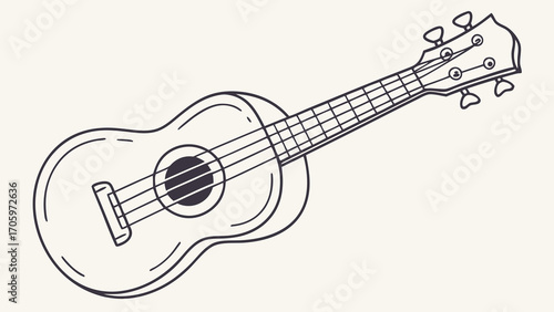 Illustration of a ukulele with strings and tuning pegs in a simple line drawing style art design created with generated ai 