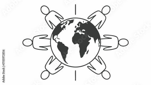 Stylized world globe surrounded by simple stick figure people in a circular arrangement design created with generated ai 