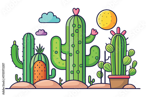 Stylized Cactus Garden with Colorful Clouds and a Bright Sun A Desert Oasis with Playful Cartoon Aesthetics