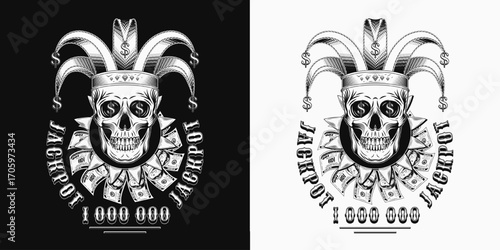 Label with joker skull in jester hat with golden dollar signs, text. Under skull is frill, jabot made with 100 dollar bills and carnival pennants. Concept of luck, win jackpot. Gambling, casino theme
