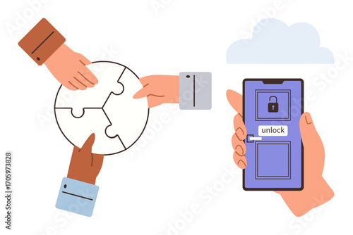Hands completing a puzzle, symbolizing teamwork, alongside a smartphone unlocking a secure door. Ideal for problem-solving, collaboration, innovation, security, digital access, teamwork