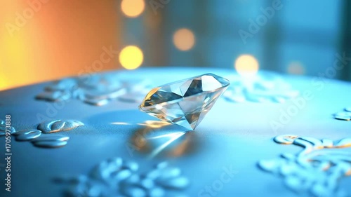 Sparkling diamond resting on an ornate surface, illuminated by soft blue light, creating a serene atmosphere