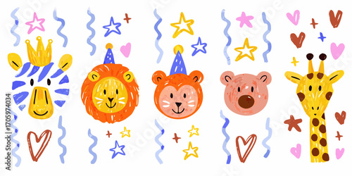 Cute hand drawn cartoon animal faces with party hats and decorations for a childs birthday celebration