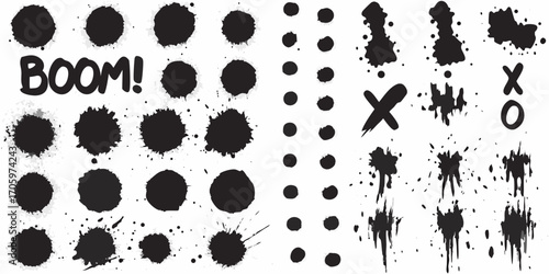 Collection of black ink splatters paint splashes and hand drawn boom text and x o symbols