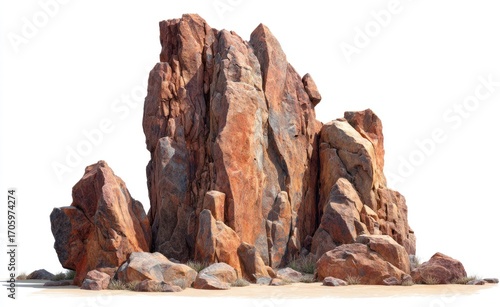 Wallpaper Mural A cluster of jagged, reddish-brown rocks piled on a sandy base against a white background. The rocks are textured and irregular, creating a natural formation Torontodigital.ca