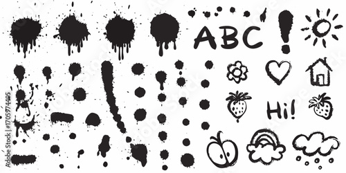 Collection of black ink splatters paint drips and hand drawn doodles including abc letters sun heart house and fruits