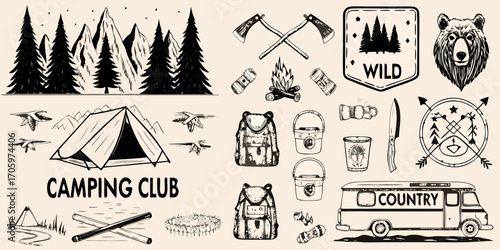 Collection of hand drawn camping and outdoor adventure elements including a tent backpack campfire axes and a bear