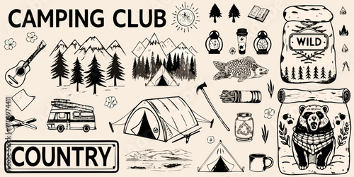 Camping club country adventure elements collection with mountains tents van and wildlife