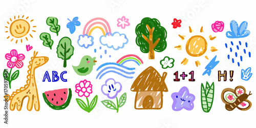 Collection of cute hand drawn childrens illustrations featuring animals nature and school elements