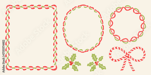 Hand drawn christmas decorative elements including frames holly berries and candy cane bow on cream background